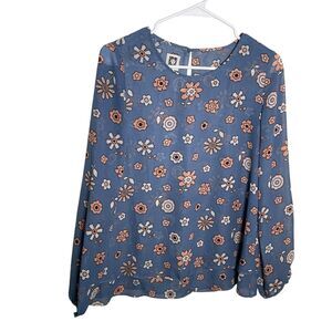 Anne Klein Blouse Women's Small Blue Round Neck Long Sleeve Floral Top Shirt